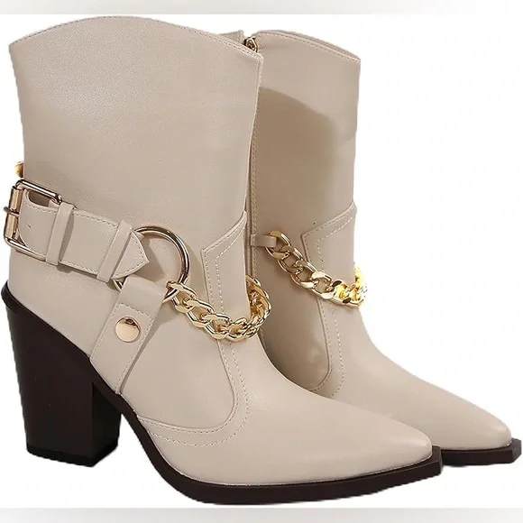 Faux leather Beige Ankle Boots with Gold Chain - Picture 1 of 4
